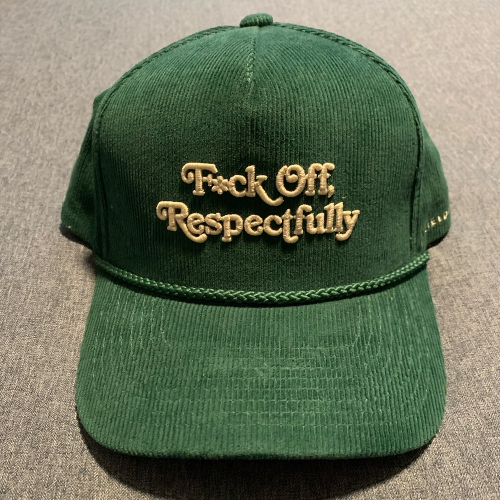NWOT Green Corduroy Cap with Embroidered Text